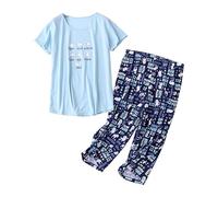 Generico Pigiama Donna Cotone con Bottoni Women S Cotton Pajama Set Cute 2 Piece Set Comfy Summer V Neck Short Sleeve Shirt Sleepwear Pigiama Donna Cotone Leggero Abbigliamento Sky Blue L