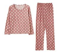 Generico Pigiama Donna Cotone Lunghi Donna Pigiama Noi di Notte con Motivo a Pois 2 Pezzi Top Manica Lunghe E Pantalone Lungo Biancheria da Notte Traspiranti Adatto per Tutto L’Anno Regali di Natale
