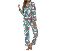 Generico Pigiama Donna - Donna Stampato Maniche Lunghe con Risvolto e Pantaloni Comodi per Relax Notturno Outfit Familiare Vacanze Autunno Inverno