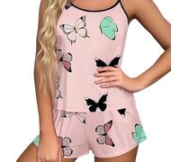 Generico Pigiama Donna Estivo Cotone Lovable da Donna con Stampa A Farfalla Canotta E Morbidi con Spalline Sottili Estivo E Rilassato Set Tuta Set Pigiama Vestito in Lino Pink L