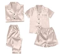 Generico Pigiama Donna Estivo Cotone Lungo Satin Pyjamas Women S Short 4 Piece Pyjamas Short Sleeve Sleepwear And Shorts Set Women Sets Leisure Suit Abbigliamento Donna Estivo Rose Gold XL