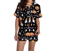 Generico Pigiama Donna Estivo Halloween Pigiama Due Pezzi Raso Top e Pantaloncini Sexy Pigiami Corto Bottoni Davanti Elegante Pigiami Set Completo Casual Traspirante Comodi Leggeri Sleepwear