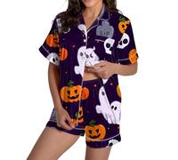 Generico Pigiama Donna Estivo Halloween Set Pigiama Due Pezzi Raso Top e Pantaloncini Sexy Bottoni Davanti Pigiami Corto Elegante Pigiami Completo Casual Traspirante Leggeri Sleepwear