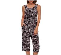 Generico Pigiama Donna Estivo Lungo,Pigiama Donna Elegante Senza Maniche Scollo Girocollo Canotta con Tasca 7/8 Pantaloni Stampa Larghi Casual Leggero Confortevole Pigiami Due Pezzi