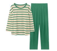 Generico Pigiama Donna Estivo Pinocchietto Womens Comfortable Stripe Gradient Pure Color Imitation Cotton Pajamas Women S Casual Loose Long Sleeved Trousers Suit Pigiama Donna Aperto Green L