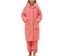Generico Pigiama Donna Invernale in Pile Due Pezzi Morbido Pigiama Set Caldo Pesante Pigiami Lungo con Cappuccio Confortevole Abbigliamento da Casa Invernale con Tasche