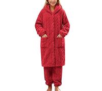 Generico Pigiama Donna Invernale in Pile Due Pezzi Morbido Pigiama Set Caldo Pesante Pigiami Lungo con Cappuccio Confortevole Abbigliamento da Casa Invernale con Tasche