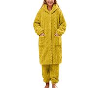 Generico Pigiama Donna Invernale in Pile Due Pezzi Morbido Pigiama Set Caldo Pesante Pigiami Lungo con Cappuccio Confortevole Abbigliamento da Casa Invernale con Tasche