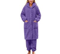 Generico Pigiama Donna Invernale in Pile Due Pezzi Morbido Pigiama Set Caldo Pesante Pigiami Lungo con Cappuccio Confortevole Abbigliamento da Casa Invernale con Tasche