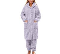 Generico Pigiama Donna Invernale in Pile Due Pezzi Morbido Pigiama Set Caldo Pesante Pigiami Lungo con Cappuccio Confortevole Abbigliamento da Casa Invernale con Tasche
