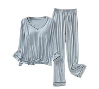 Generico Pigiama Donna Invernale Pigiami a V Maniche Lunghe Donne Leggero con Girocollo e Bottoni Set Pigiama da Notte Lungo in 2 Pezzi Morbido e Caldo con Tasche e Coulisse per Casa e Giardino