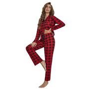 Generico Pigiama Donna Invernale,Pigiami Donna Calida Colletto Risvoltato con Bottoni Camicia E Pantaloni Completi Stampa Scozzese Manica Lunga Confortevole Sleepwear Casual da Casa