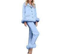 Generico Pigiama Donna Invernale,Pigiami Donna Calida Colletto Risvoltato con Bottoni Camicia E Pantaloni Completi Polsini Morbidi Tinta Unita Manica Lunga Confortevole Sleepwear Casual da Casa