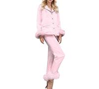 Generico Pigiama Donna Invernale,Pigiami Donna Calida Colletto Risvoltato con Bottoni Camicia E Pantaloni Completi Polsini Morbidi Tinta Unita Manica Lunga Confortevole Sleepwear Casual da Casa