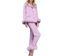 Generico Pigiama Donna Invernale,Pigiami Donna Calida Colletto Risvoltato con Bottoni Camicia E Pantaloni Completi Polsini Morbidi Tinta Unita Manica Lunga Confortevole Sleepwear Casual da Casa