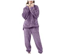 Generico Pigiama Donna Invernale,Pigiami Donna Calida Colletto Risvoltato Spessore Morbido Tinta Unita Pigiama Due Pezzi Manica Lunga Sciolto Casual Confortevole Sleepwear da Casa
