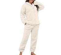 Generico Pigiama Donna Invernale Pile,Pigiami Donna Calida Colletto Risvoltato Manica Lunga Spessore Pigiama Due Pezzi Tinta Unita Casual Morbido Sleepwear da Casa