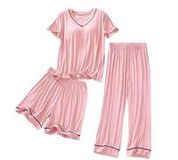 Genérico Pigiama estivo da donna, set di pigiama, leggero, a maniche corte, pantaloni pijashort 3 pezzi, morbido e traspirante, collant pigiami morbidi biancheria da notte con scollo a V, tinta unita