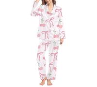 Generico Pigiama Natale Donna Pigiama Set Set Women S Winter Spring Home Leisure Bow Love Loose Imitation Color DING Pajama Sleepy Pants Natale Famiglia Pigiami Due White L