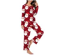 Generico Pigiama Natalizio Donna Curvy Invernale Leggero Pantaloni Pigiami Donna Invernali Caldo Cotone Pigiama 2 Pezzi Sciolto Casual da Casa Morbido e Confortevole Maglia Lunga Pigiama Natale