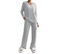 Generico Pigiama Ragno Cotone Set da Donna 2024 Casual Gamba Dritta Pantaloni Larghi con Scollo a V in Maglia Pigiama Azzurro (Grey, M)