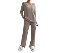 Generico Pigiama Ragno Cotone Set da Donna 2024 Casual Gamba Dritta Pantaloni Larghi con Scollo a V in Maglia Pigiama Azzurro (Khaki, XXL)