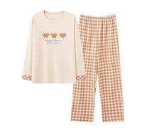Generico Pigiama Raso Donna Pigiama Cotone Women S Autumn Winter Round Neck Cute Printed Loose Home Casual Pajama Sleeper Set Canotte Donna Cotone Estive da Khaki M