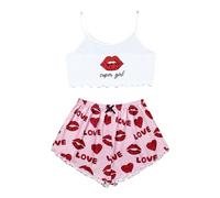 Generico Pigiama Set Donna Pezzi Cotone Leggero Morbido Casual Cotone/Satin/Seta con Maglietta Pantaloni Ensemble Pantalon/Short Print Ideale per Primavera Mezze Stagioni