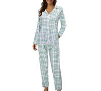 Generico Pigiami Donna Aperti Davanti,Pigiama Donna Invernale Risvolto Maniche Lunghe Camicia E Pantaloni Pigiama Due Pezzi Stampa Scozzese Casual Confortevole Sleepwear da Casa