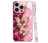 Generico Pink Butterfly Pattern Hard Case for iPhone 17/16/15/14/13/12 Pro Max,Full Body Rugged Shockproof Protection Cases,Tempered Glass Anti-fall Protective Case with Camera Lens Protector