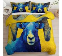 Generico Pittura A Olio Copripiumino 200 x 200 cm Morbida Microfibra Parure Copripiumino, Animale Montone A Grandi Corna Stampa Giallo di Biancheria da Letto per Giovani e Adulti con due Federe