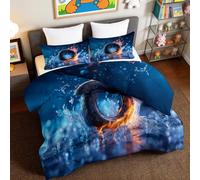 Generico Piumino Singolo 200 x 200 cm - Pneumatico Auto Artistico Scontro Ghiaccio E Fuoco Trapunta Traspirante e Morbida, Piumino e Piume - Piumone 4 Stagioni con 2 Federe, Blu