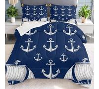 Generico Piumino Singolo Ancora E Veliero Trapunte Marittimo Piumone Imbottito Resistente Lavabile, Super Morbida Trapunta, Piumini 135x200 cm in Microfibra Reversibile e 2 Federa 50x80 cm T1286