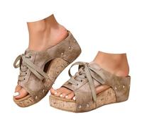 Generico Platform Wedge Sandals for Women Open Toe Cork Wedges Comfortable Slip On Slides Retro Lace Up Summer Casual Beach Vacation Shoes (khaki,41)