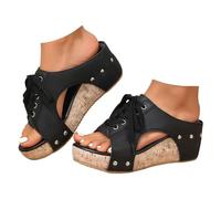 Generico Platform Wedge Sandals for Women Open Toe Cork Wedges Comfortable Slip On Slides Retro Lace Up Summer Casual Beach Vacation Shoes (black,40)