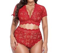 Generico Plus Size 2 Pezzi Lingerie per Donna Set di Biancheria Intima e Slip con Spalline (Red, M)
