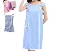 Generico Plus Size Women's Wearable Shower Skirt, 2-Button Design Adjustable Closure, Bow Tie Water Absorption and Quick Drying, Easy to Put On, Four Seasons Wearable Bathrobe (Light Blue,M)