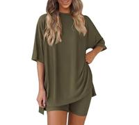 Generico Pohra Bamboo Soft Lounge Set, Bloom And Breeze Cozy Mama Set ，Women 2 Piece Outfits Crew Neck Oversized Tshirts (Green-C,XL)