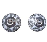 Generico Pomelli in ceramica decorata - Set 2 pezzi | Design artigianale vintage per mobili, cassetti e credenze | Vari modelli e colori - Stile mediterraneo e shabby chic (Foglia Grigia)