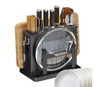 Generico Porta tagliere in acciaio & ABS - 30 cm senza foratura | Organizer da parete per cucina con supporto per coltelli, tagliere, coperchi & bacchette, vassoio raccogligocce removibile