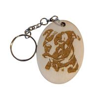 Generico Portachiavi cane in legno inciso a laser - Ovale 5,7x4 cm, spessore 4 mm - con anello, catena e moschettone - Fatto a mano in Italia (American Staffordshire Terrier (Amstaff))