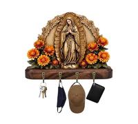 Generico Portachiavi multifunzionale in legno per la casa, supporto multifunzionale in legno piatto 2D a tema Comunione con 4 ganci, decorazione religiosa in stile rustico per familiari e amici (1PC)