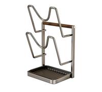 Generico Pot Lid Holder - Carbon Steel Rack With Removable Drip Tray Beech Wood Handle | Multifunctional Kitchen Organizer Stand For Cutting Board Plate Spoon Fork Spatula Cabinet Pantry Apartment