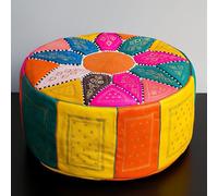 Generico Pouf marocchino multicolore in pelle di vitello Ø40 H25 fatto a mano. Elegante, vivace e artigianale, ideale come seduta o arredo decorativo 0512251205