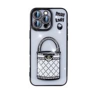 Generico Pretty Lady Case Cover for iPhone with Mirror, Electroplated makeup mirror holder mobile phone case with Invisible Stand (For iPhone 15 Plus,Black)