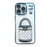 Generico Pretty Lady Case Cover for iPhone with Mirror, Electroplated makeup mirror holder mobile phone case with Invisible Stand (For iPhone 15 Pro Max,Blue)