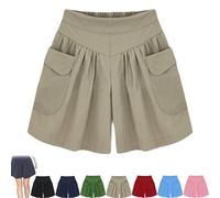 Generico Primarilyx Shorts, Primarilyx Women Beach Casual Hot Shorts Summer Pleated Wide Leg Short with Elastic Waistband (Khaki,L)