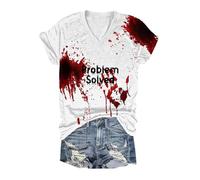 Generico Problem Solved T-Shirt Halloween - Sangue Finto Top Taglie Forti Camicia Casual Divertente da Donna Con Stampa a Maniche Corte