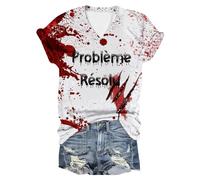Generico Problem Solved T-Shirt Halloween - Sangue Finto Top Taglie Forti Camicia Casual Divertente da Donna Con Stampa a Maniche Corte
