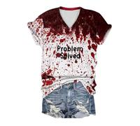 Generico Problem Solved T-Shirt Halloween, Sangue Finto Top Taglie Forti Camicia Casual Maglietta Divertente da Donna Maglietta con Stampa di Halloween Maglietta a Maniche Corte per Halloween